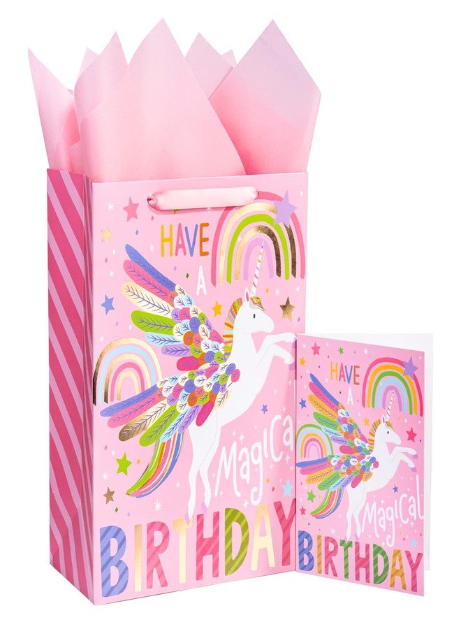 LeZakaa 13" Unicorn Birthday Gift Bag with Tissue Paper and Greeting Card, Foil Rainbow Winged Unicorn Design, Magical Happy Birthday Gift Bag for Kids Girls, 13" x 10" x 5", 1 Pc - Image 1