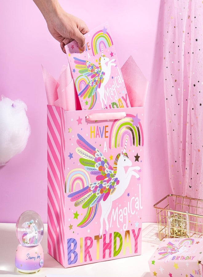 LeZakaa 13" Unicorn Birthday Gift Bag with Tissue Paper and Greeting Card, Foil Rainbow Winged Unicorn Design, Magical Happy Birthday Gift Bag for Kids Girls, 13" x 10" x 5", 1 Pc - Image 2