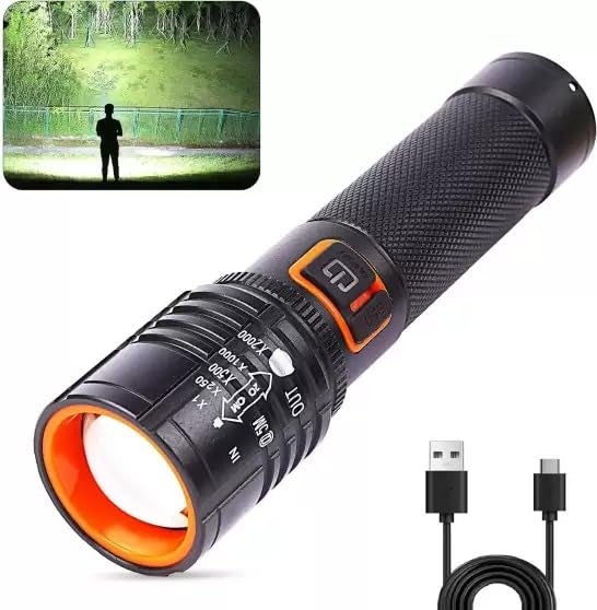Sument LED Rechargeable Flashlight USBC Charging Zoomable Focus High Brightness Black and Orange - Image 1