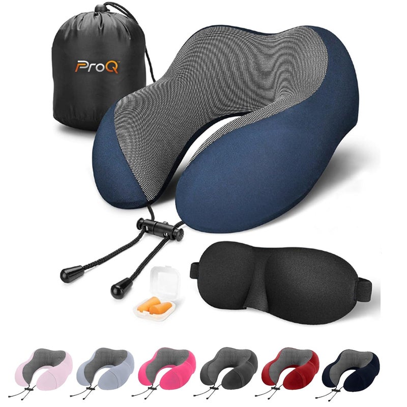 ProQ Neck Pillow for Travelling - Travel Pillow for Flights - Memory Foam Neck Pillow - Travel Neck Rest Pillows - Traveling Pillow for Men, Women, Lightweight, Portable, Blue - Image 1