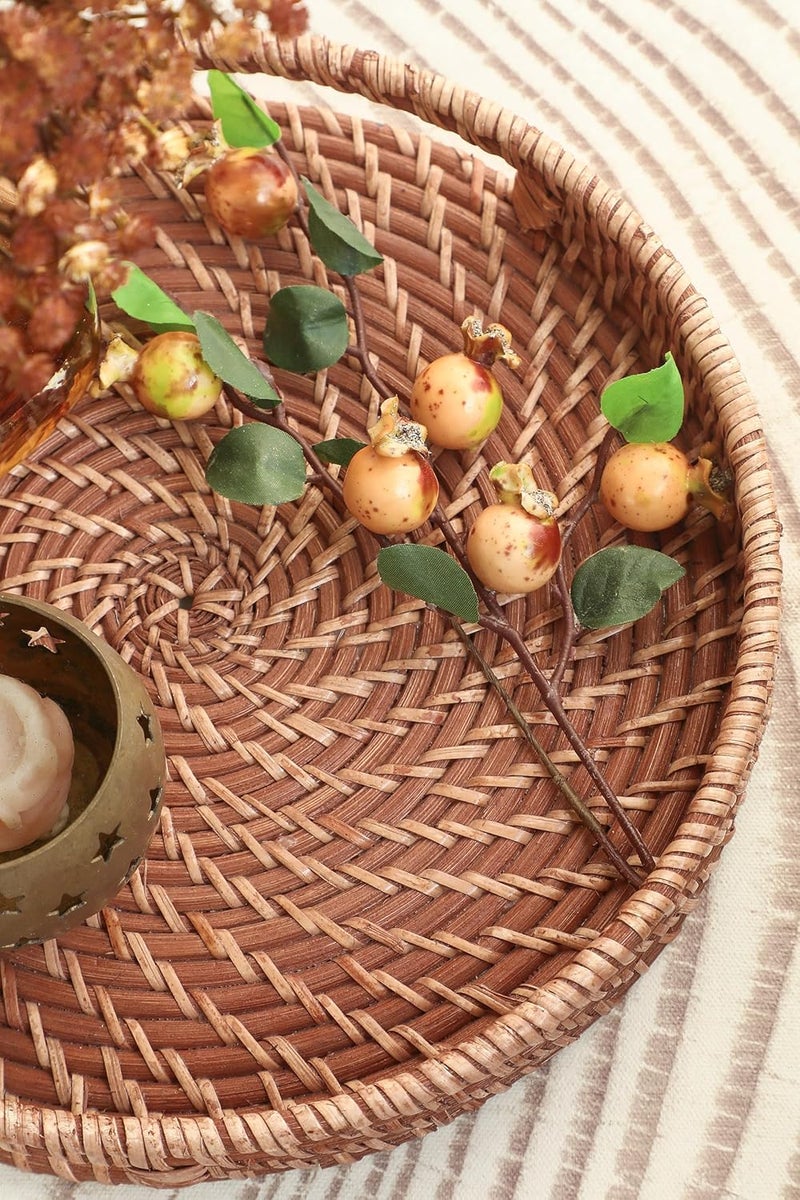 HITOMEN 11.8" Hand-Woven Round Rattan Serving Tray Decorative Wicker Trays with Handles for Coffee Table (Honey Brown-M) - Image 5