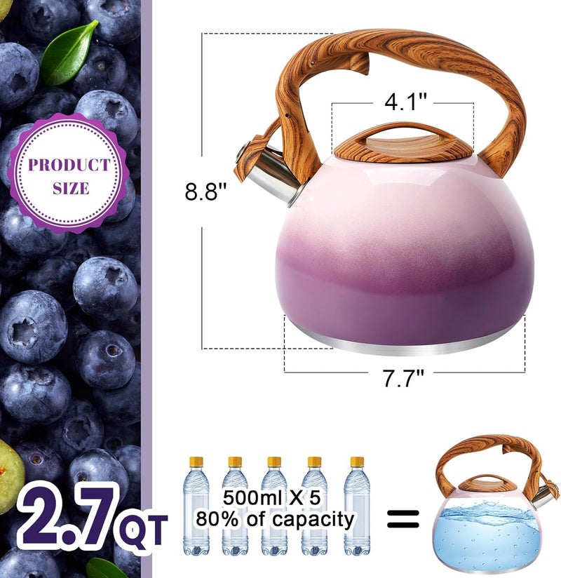 GGC Tea Kettle for Stove Top, 3.1QT/3L Whistling Tea Kettles for Boiling Water Coffee or Milk, Purple Tea Pot with Wood Parttern Handle, Stainless Steel Tea Pot for Home and Kitchen - Image 2