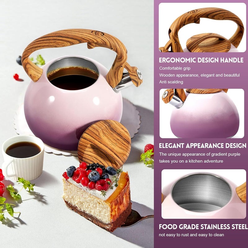 GGC Tea Kettle for Stove Top, 3.1QT/3L Whistling Tea Kettles for Boiling Water Coffee or Milk, Purple Tea Pot with Wood Parttern Handle, Stainless Steel Tea Pot for Home and Kitchen - Image 4