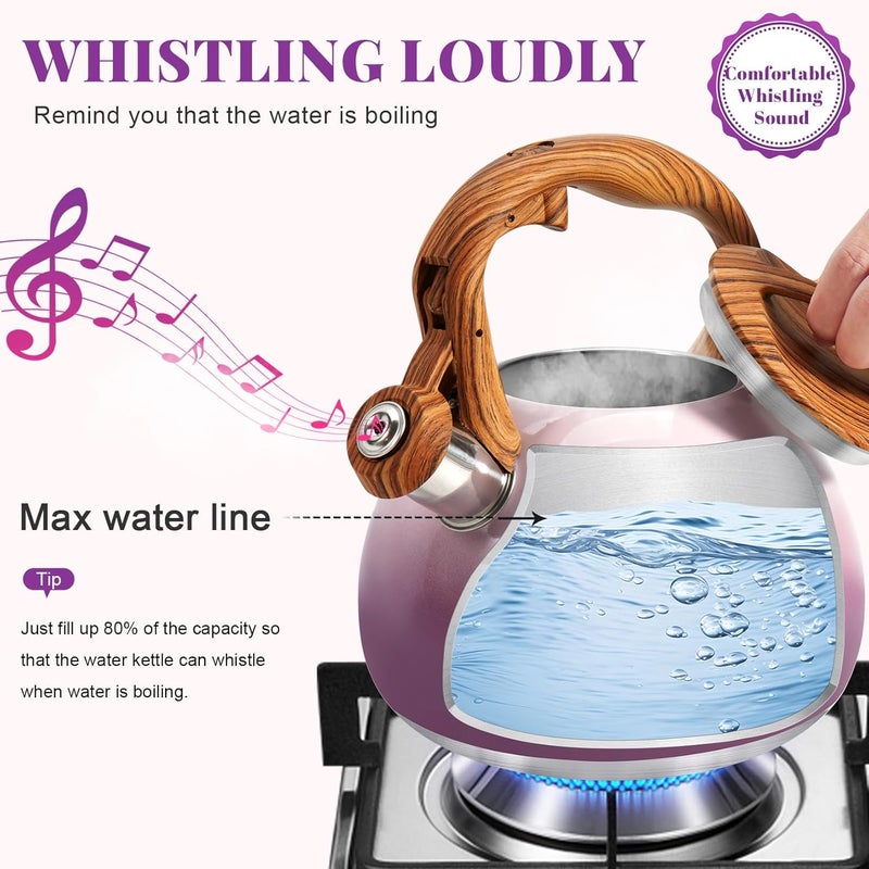 GGC Tea Kettle for Stove Top, 3.1QT/3L Whistling Tea Kettles for Boiling Water Coffee or Milk, Purple Tea Pot with Wood Parttern Handle, Stainless Steel Tea Pot for Home and Kitchen - Image 3