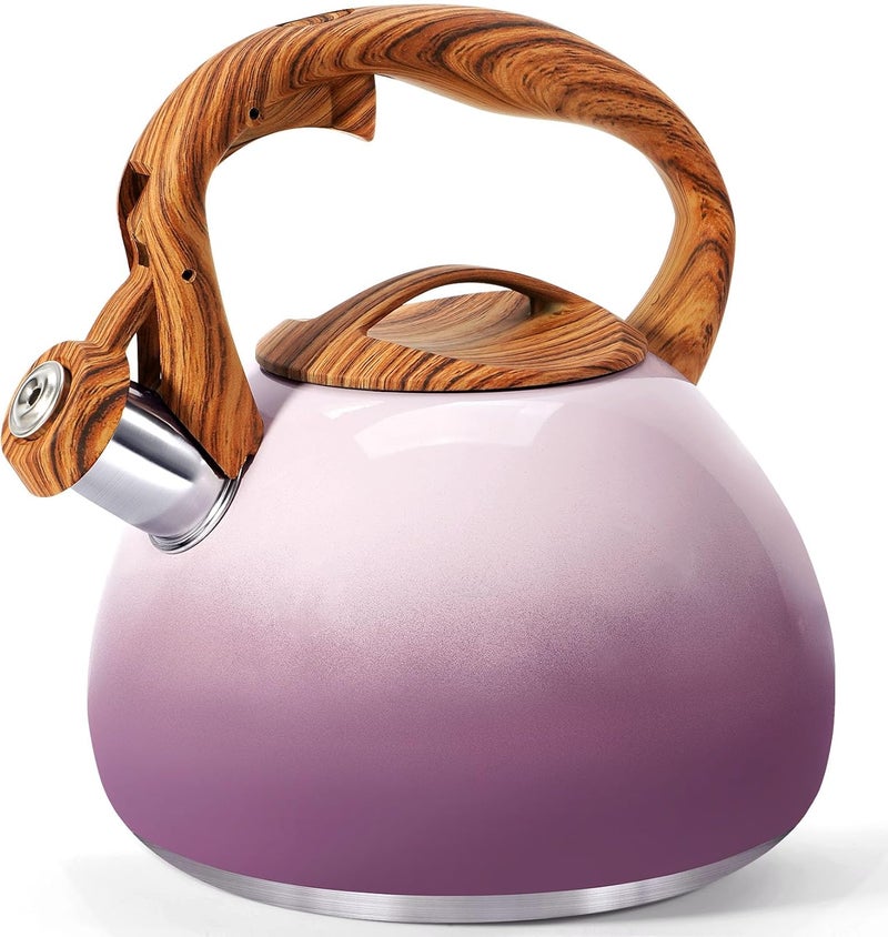 GGC Tea Kettle for Stove Top, 3.1QT/3L Whistling Tea Kettles for Boiling Water Coffee or Milk, Purple Tea Pot with Wood Parttern Handle, Stainless Steel Tea Pot for Home and Kitchen - Image 1