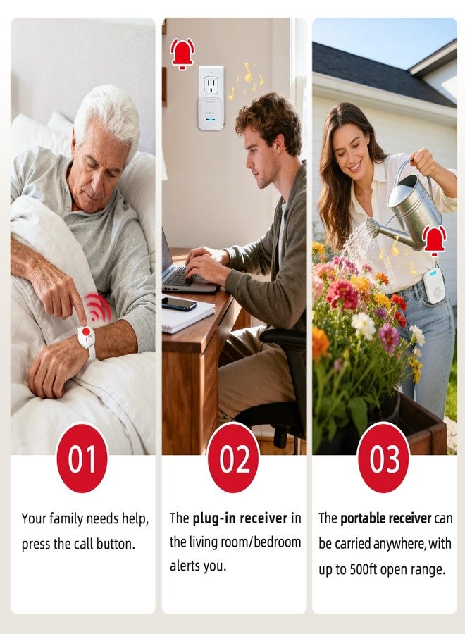 CallToU Wireless Caregiver Pager Call Button for Elderly, Medical Alert Systems for Seniors/Elderly Monitoring with 2 Call Bell, 500+Feet, 1 Plug-in Receiver+1 USB Receiver for Home Patients Emergency - Image 2