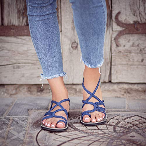 Plaka Palm Leaf Flat Summer Sandals for Women | Perfect for The Beach Walking & Dressy Occasions | Sapphire Blue | Size 8 - Image 4