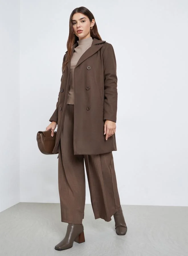 Styli Styli Brown Double-Breasted Wool Like Coat
