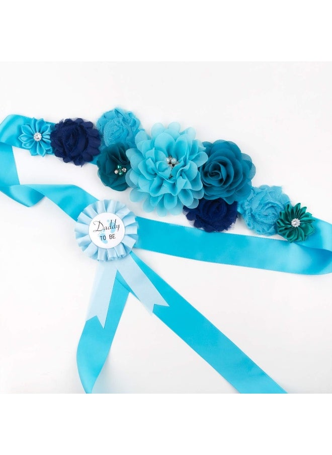 Baby Noah Baby Noah Shower Maternity Sash Belly Belt, Mom to Be & Dad to Be Button Pin, Pregnancy Maternity Flower Sash Belt for Gender Reveal (Blue Boy)  - Image 2