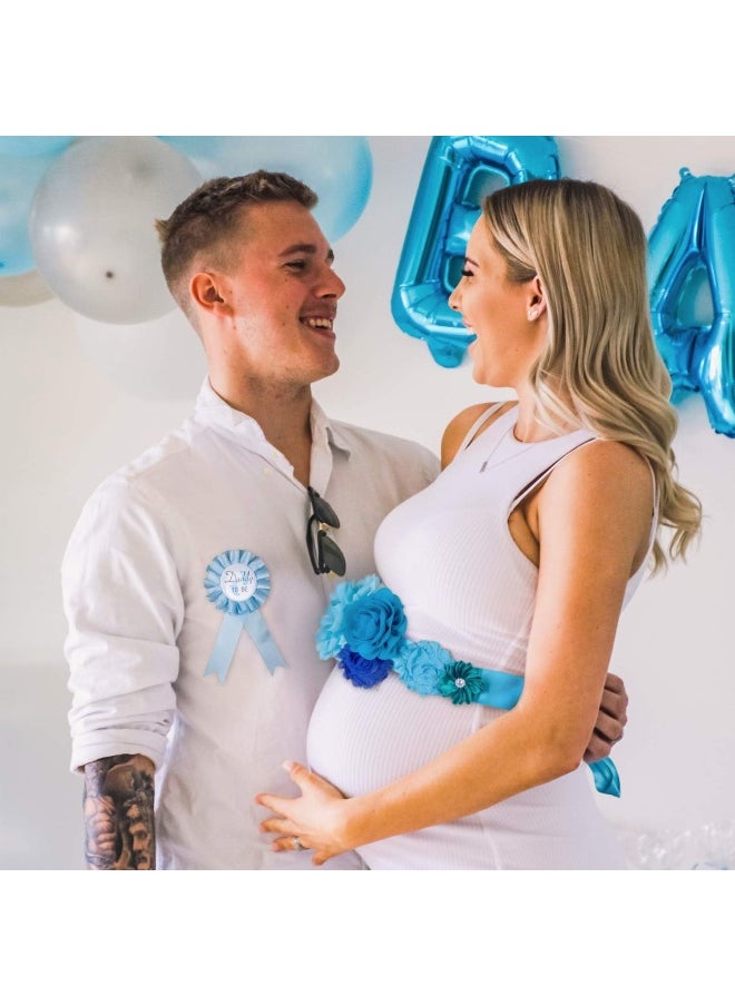Baby Noah Baby Noah Shower Maternity Sash Belly Belt, Mom to Be & Dad to Be Button Pin, Pregnancy Maternity Flower Sash Belt for Gender Reveal (Blue Boy)  - Image 4