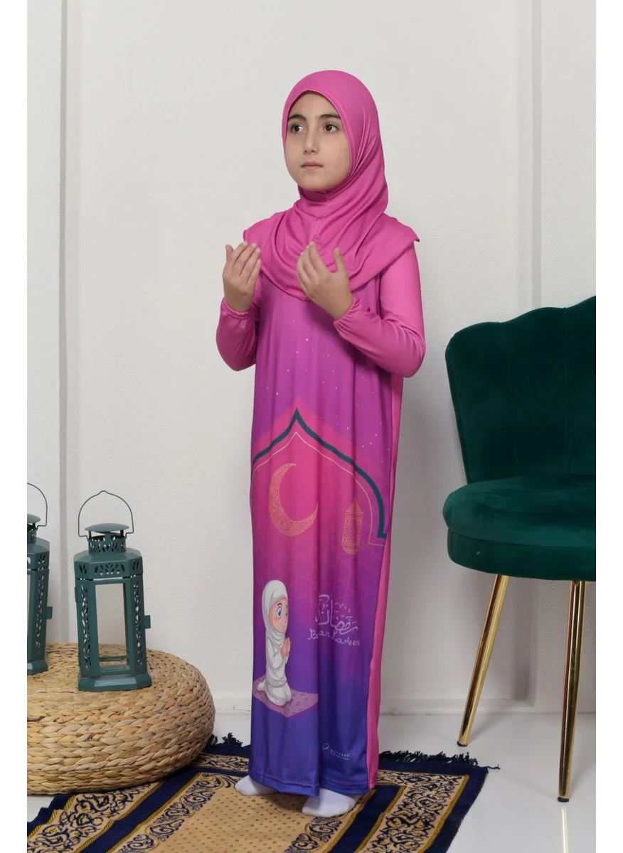 Altobeh Children's Prayer Set Practical One Piece Patterned Sleeves Removable Headscarf Lycra Hijab Dress (6-12 Years) 925-0201