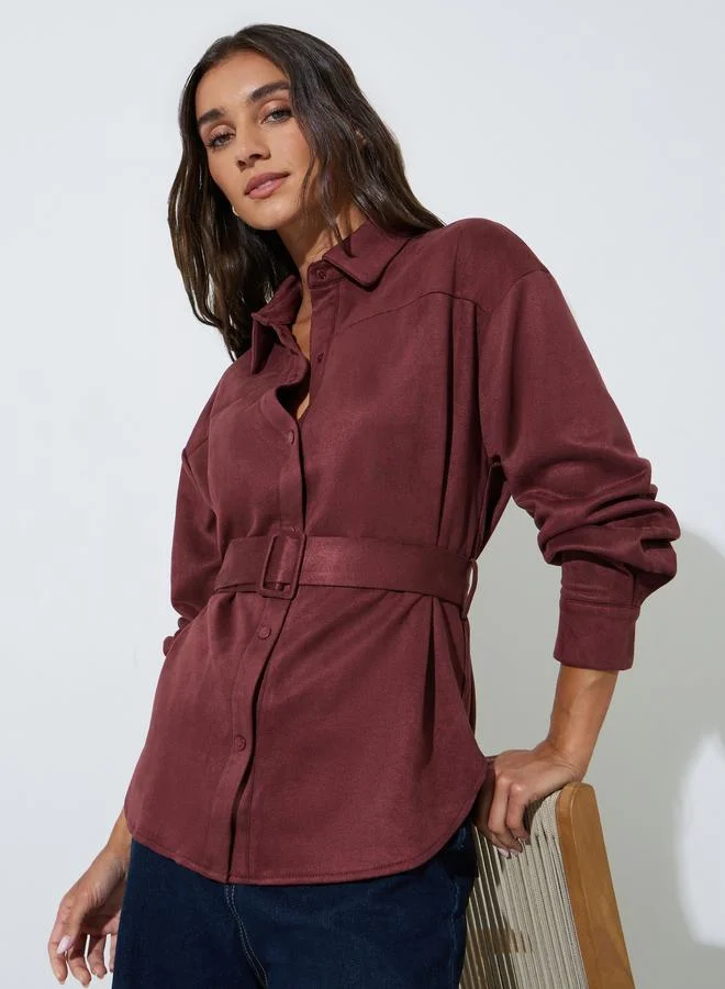 Styli Burgundy Suede Look Long Sleeve Shirt with Belt