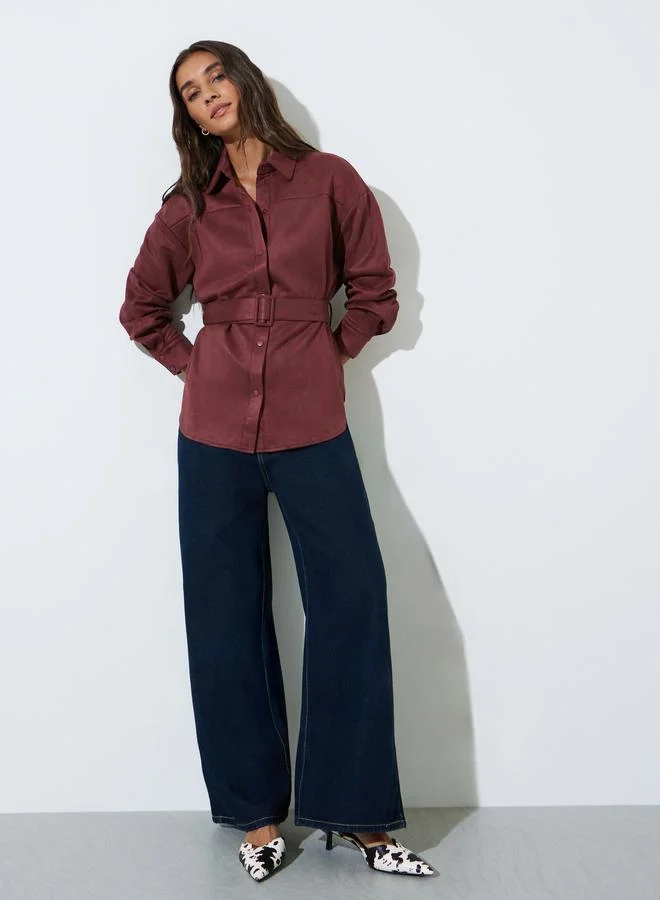 Styli Burgundy Suede Look Long Sleeve Shirt with Belt
