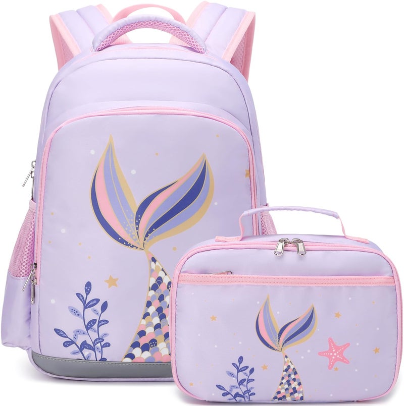 JIANYA Kindergarten Backpack for Girls, Kids Bookbag for Girls with Lunch Box & Chest Strap Cute Mermaid Backpack for Preschool Girl - Image 1