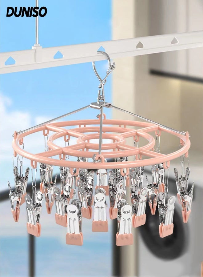 DUNISO Stainless Steel Sock Drying Rack Round Hanging Drying Rack with 24 Clips Heavy Duty Metal Wind Proof Sock Hangers Multi-functional Foldable Rustproof Sock Dryer Space-Saving Non-slip Hanging Rack for Shoe Insoles, Socks, Underwear, Baby Clothes - Image 1