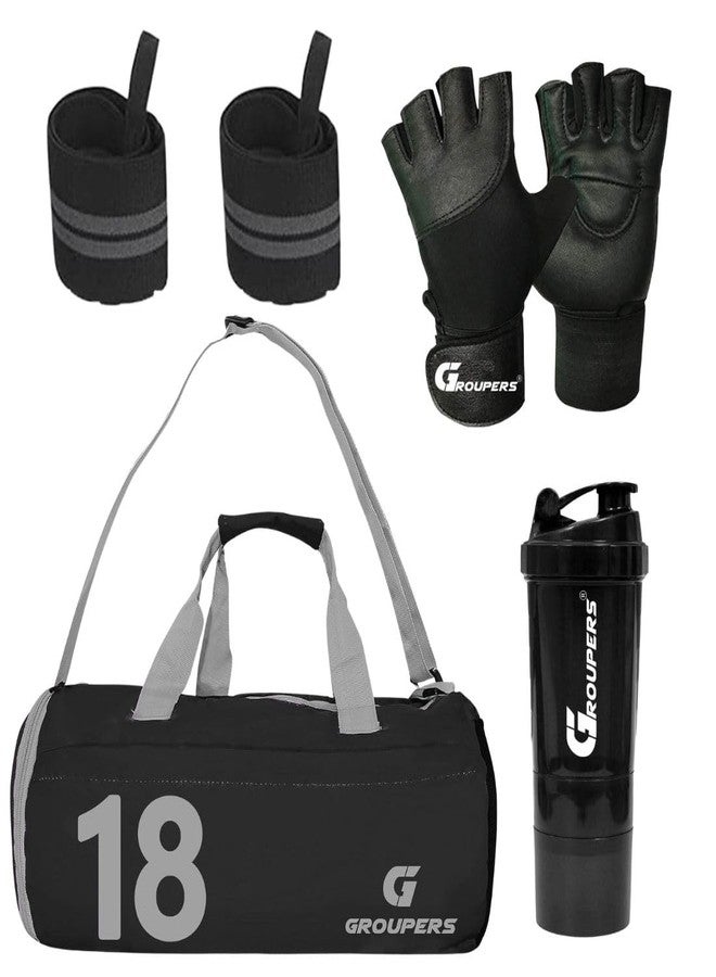 Groupers 20-25L Black Foldable Gym & Travel Duffle with Shoe Pocket + 500ml Spider Shaker + Ventilated Weightlifting Gloves + 21'' Wrist Wraps, Water-Resistant Weekender Fitness Kit - Image 1