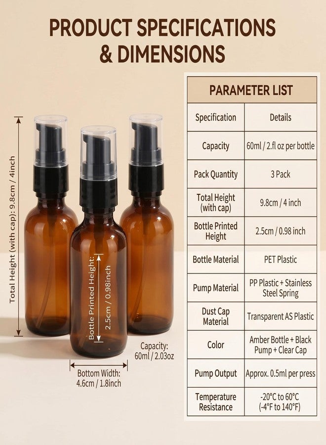 SYBL 3Pcs 60ML/2oz Empty Amber Plastic Lotion Pump Press Bottles Refillable Travel Emulsion Essential Oil Makeup Cosmetic Dispenser Containers Storage Vials Jars with Black Pumps - Image 2