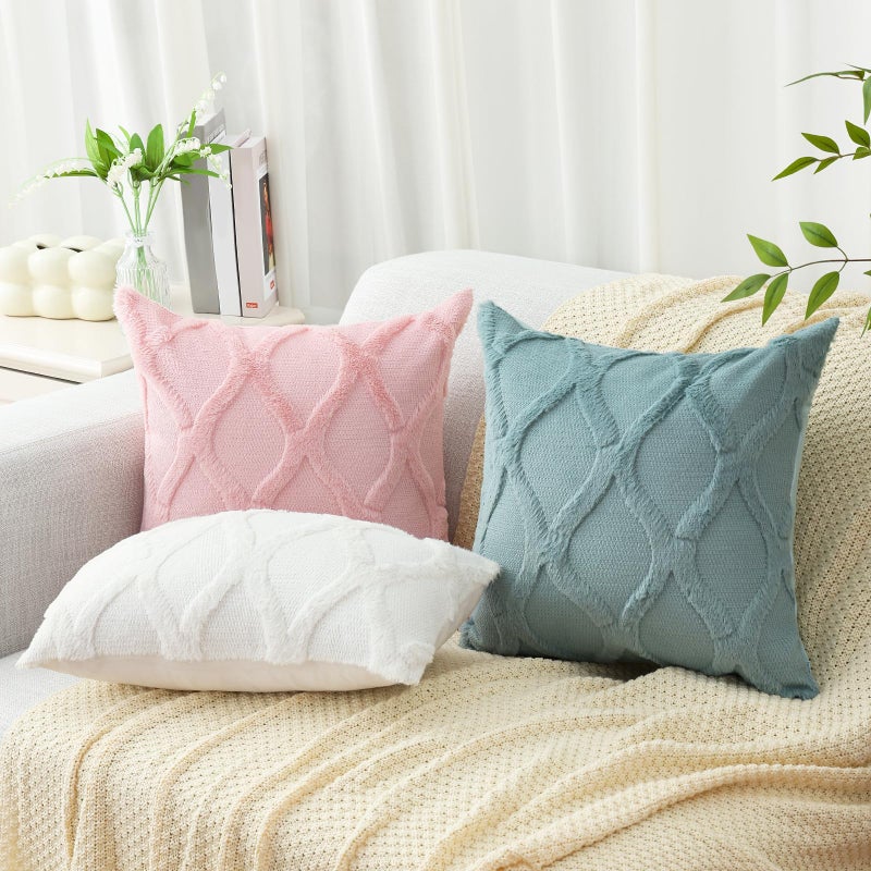 decorUhome Summer Throw Pillow Covers 18x18 Inch Set of 2, Soft Plush Faux Fur Wool Aqua Accent Couch Pillow Covers for Modern Farmhouse Bed Sofa Living Room - Image 5