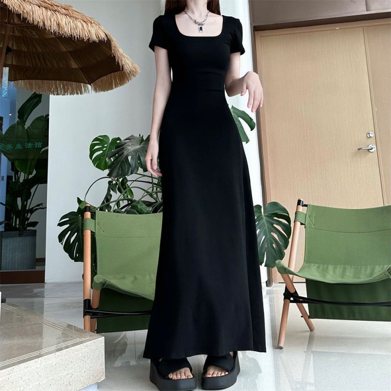 Simple Summer dress Slimming Short-sleeved Elegant Long Dress Womens 2025 New Slim-fit French Tight Waist Large Swing Dress Trendy Black-version [korean heroine outfits] 