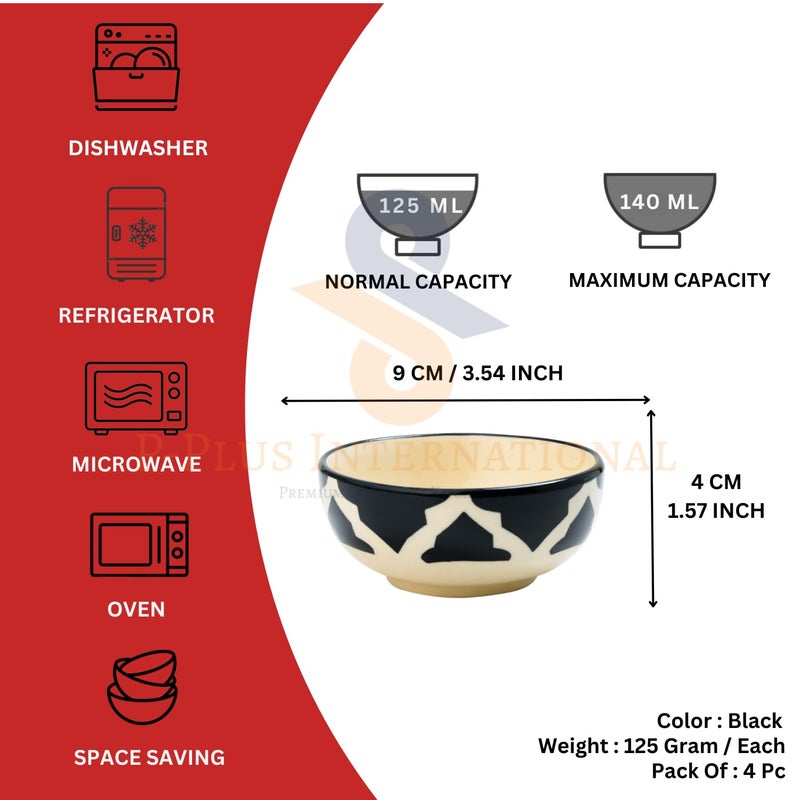 P-PLUS INTERNATIONAL Ceramic Bowl Set | Serving Bowls for Cereal, Soup, Oatmeal, Ice Cream, Salad | Microwave & Dishwasher Safe |125 ML 9 CM Hand Painted Decorative Bowl Set (Black, Set of 4) - Image 2