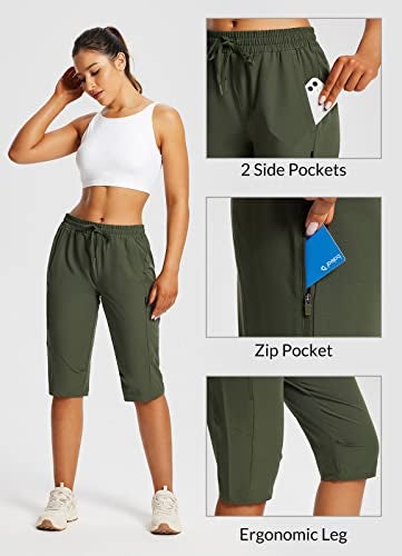 baleaf Women's 15" Long Hiking Capri Below The Knee Quick Dry Cargo Shorts UPF 50 Lightweight Zip Pocket Elastic Waist Green M - Image 3
