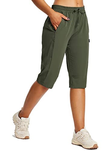baleaf Women's 15" Long Hiking Capri Below The Knee Quick Dry Cargo Shorts UPF 50 Lightweight Zip Pocket Elastic Waist Green M - Image 1