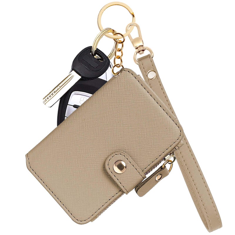 M-Plateau Wallet, Womens card Holder Leather Keychain Wallet With Zipper Coin Pocket ID Window Wrist Strap Gift Box (Khaki) - Image 1