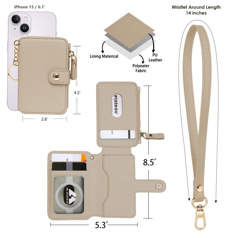 M-Plateau Wallet, Womens card Holder Leather Keychain Wallet With Zipper Coin Pocket ID Window Wrist Strap Gift Box (Khaki) - Image 4