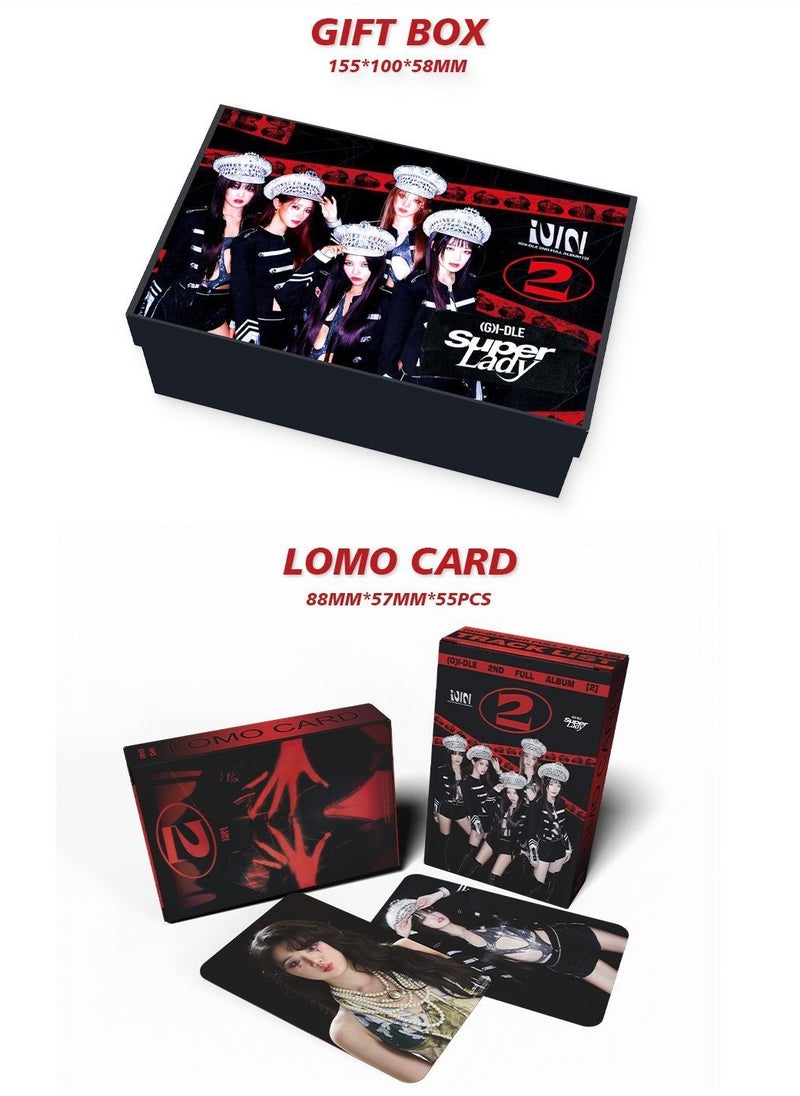 EHOME GIDLE 2nd Album Super Lady Gift Box With Lomo Cards, Acrylic Stand, Hand Account Tape, Keychain, Lanyard, Stickers, Photo Card  - Image 2
