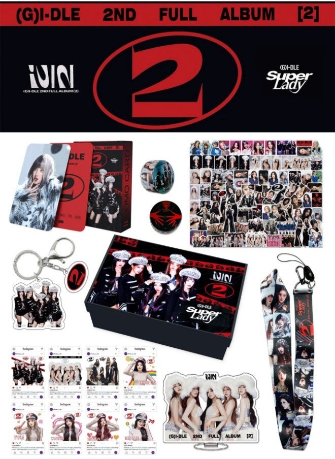 EHOME GIDLE 2nd Album Super Lady Gift Box With Lomo Cards, Acrylic Stand, Hand Account Tape, Keychain, Lanyard, Stickers, Photo Card  - Image 1