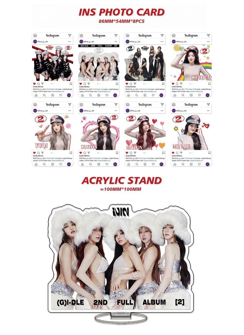 EHOME GIDLE 2nd Album Super Lady Gift Box With Lomo Cards, Acrylic Stand, Hand Account Tape, Keychain, Lanyard, Stickers, Photo Card  - Image 3