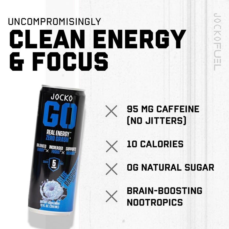 Jocko Fuel Blue Raspberry Energy Drink, 12 Pack, 0 Sugar, 95mg Caffeine, Supports Brain Health - Image 3