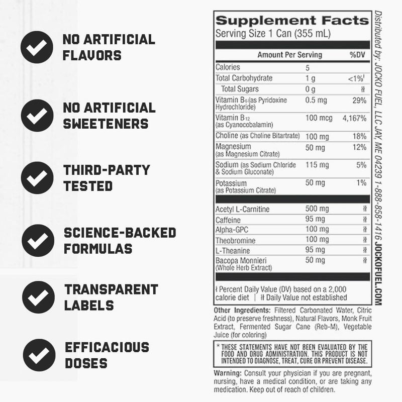 Jocko Fuel Blue Raspberry Energy Drink, 12 Pack, 0 Sugar, 95mg Caffeine, Supports Brain Health - Image 2