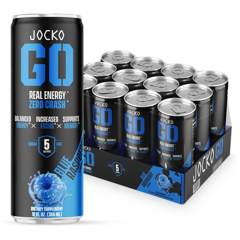 Jocko Fuel Blue Raspberry Energy Drink, 12 Pack, 0 Sugar, 95mg Caffeine, Supports Brain Health - Image 1