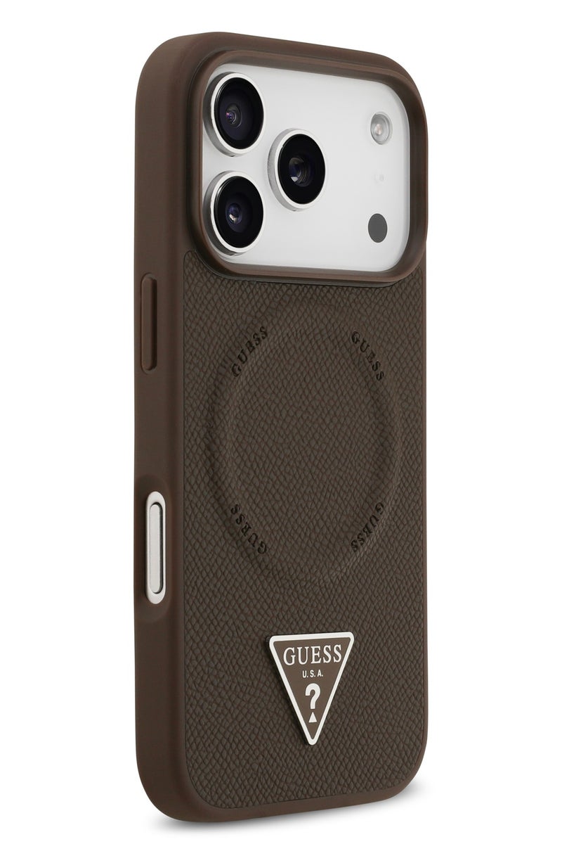 GUESS iPhone 17 Pro MagSafe PU Saffiano Leather Case With Classic Logo  / Magsafe Compatible / Ultra Slim / lightweight design / Easy Installation - Brown - Image 4