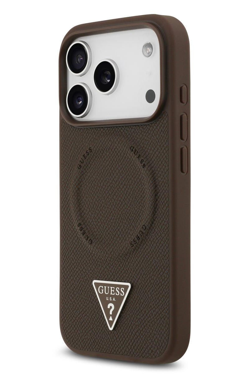 GUESS iPhone 17 Pro MagSafe PU Saffiano Leather Case With Classic Logo  / Magsafe Compatible / Ultra Slim / lightweight design / Easy Installation - Brown - Image 3