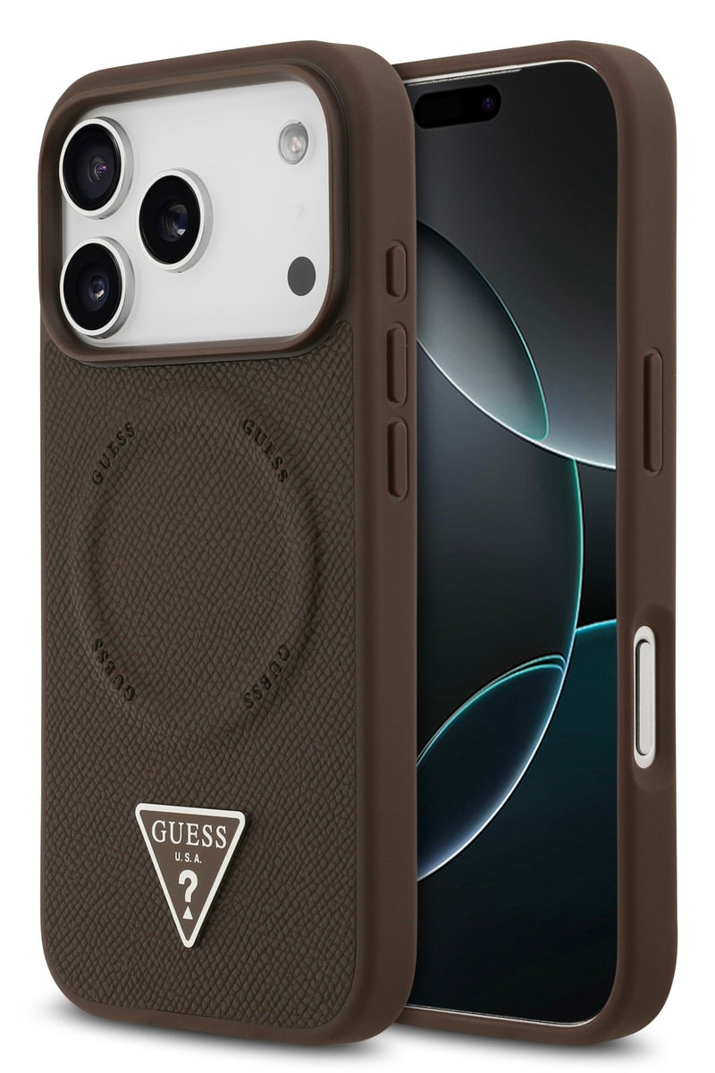 GUESS iPhone 17 Pro MagSafe PU Saffiano Leather Case With Classic Logo  / Magsafe Compatible / Ultra Slim / lightweight design / Easy Installation - Brown - Image 2