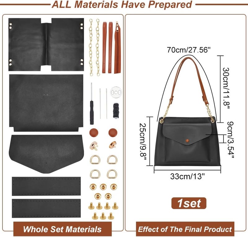 klarako DIY PU Leather Bag Making Kit, Black Large Tote Bag Making Kit DIY PU Leather Shoulder Bag DIY Sewing kit with Bag Sewing Kit for Purse Crossbody Bag Making Accessories, 9.8x12.9x3.5 Inch - Image 2
