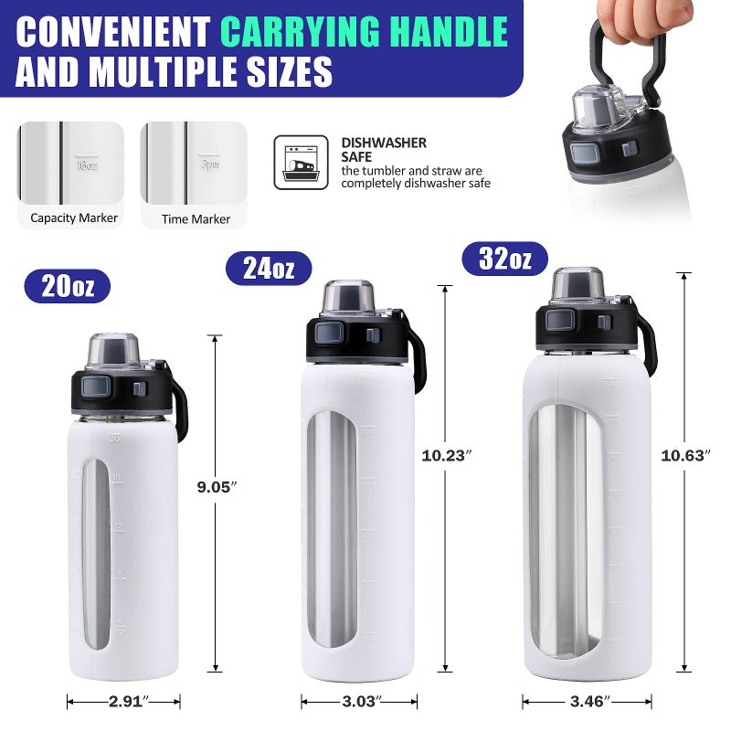 Kodrine 20oz Glass Water Bottle with Straw-2 Lids for Easy Carry, with Handle, Silicone Sleeve & Time Marker, Reusable Glass Drinking Bottle for Home,Office,Outdoors, Cupholder Friendly-White - Image 2