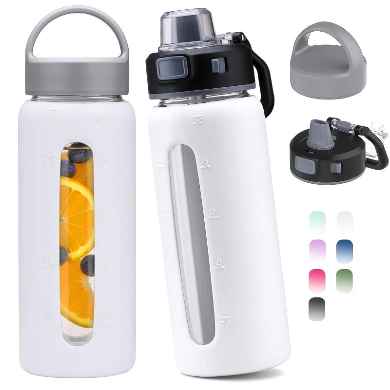 Kodrine 20oz Glass Water Bottle with Straw-2 Lids for Easy Carry, with Handle, Silicone Sleeve & Time Marker, Reusable Glass Drinking Bottle for Home,Office,Outdoors, Cupholder Friendly-White - Image 1