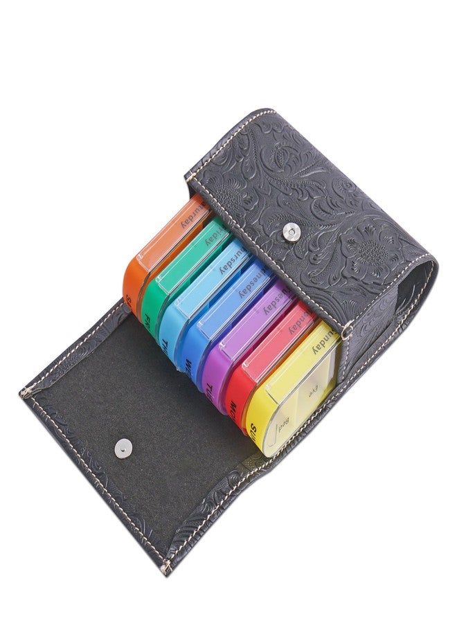 Haecsfl Pill Organizer,Haecsfl Weekly Travel Pill Case Box Medication Reminder Daily AM PM, Day Night 7 Compartments,for 4 Times A Day, 7 Days a Week-Includes Leather PU Carrying Case(1-Carved Black - Image 2