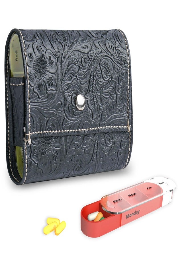 Haecsfl Pill Organizer,Haecsfl Weekly Travel Pill Case Box Medication Reminder Daily AM PM, Day Night 7 Compartments,for 4 Times A Day, 7 Days a Week-Includes Leather PU Carrying Case(1-Carved Black - Image 1