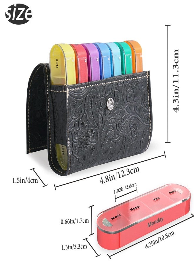 Haecsfl Pill Organizer,Haecsfl Weekly Travel Pill Case Box Medication Reminder Daily AM PM, Day Night 7 Compartments,for 4 Times A Day, 7 Days a Week-Includes Leather PU Carrying Case(1-Carved Black - Image 3