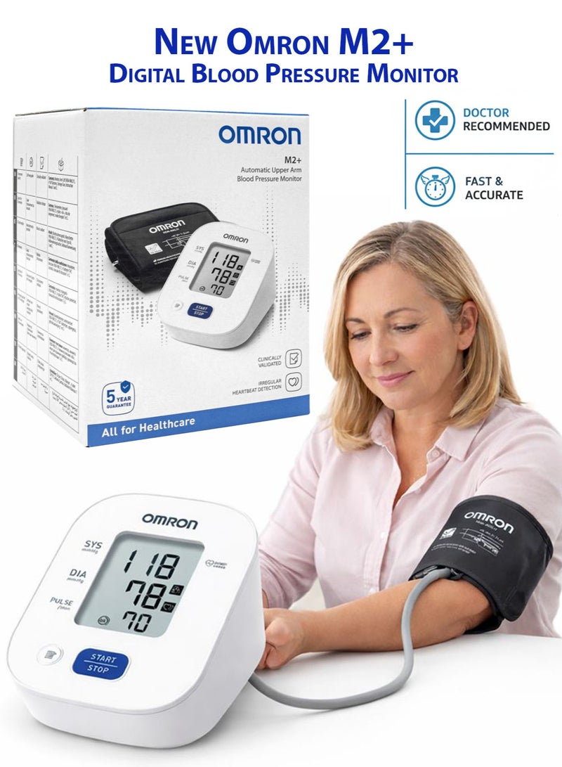 Omron M2 Plus Upper Arm Blood Pressure Monitor New Version Clinically Validated Digital BP Machine with Intellisense™ Technology, Irregular Heartbeat Detection, Body Movement Indicator, 30 Memory Storage, Medium Cuff 22–32 cm, Home Use - Image 1