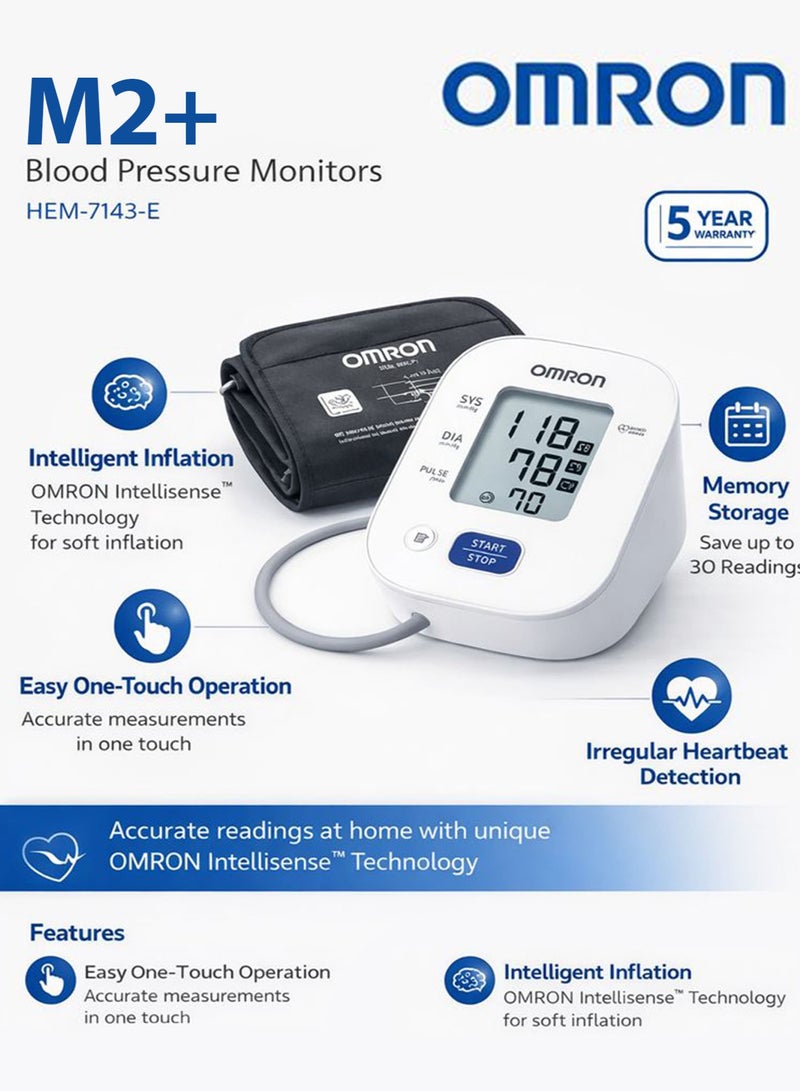 Omron M2 Plus Upper Arm Blood Pressure Monitor New Version Clinically Validated Digital BP Machine with Intellisense™ Technology, Irregular Heartbeat Detection, Body Movement Indicator, 30 Memory Storage, Medium Cuff 22–32 cm, Home Use - Image 2