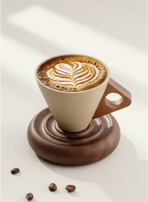 كوب قهوة خزفي رجعي، طقم أكواب قهوة خزفية بسيطة على الطراز الياباني الإبداعي مع قاعدة ومقبض خشبيين، سعة كبيرة 250 مل لتخمير القهوة الإسبريسو يدويًا والشاي بالحليب والعصير والزبادي