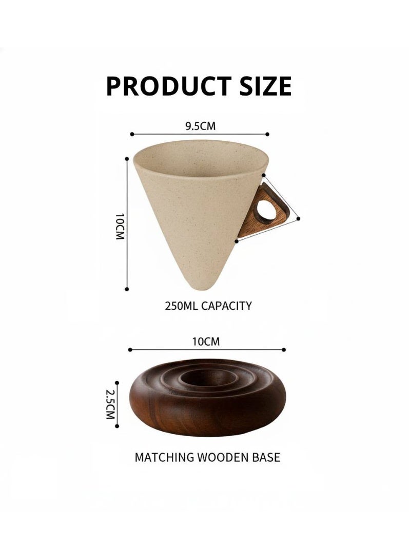كوب قهوة خزفي رجعي، طقم أكواب قهوة خزفية بسيطة على الطراز الياباني الإبداعي مع قاعدة ومقبض خشبيين، سعة كبيرة 250 مل لتخمير القهوة الإسبريسو يدويًا والشاي بالحليب والعصير والزبادي - Image 2