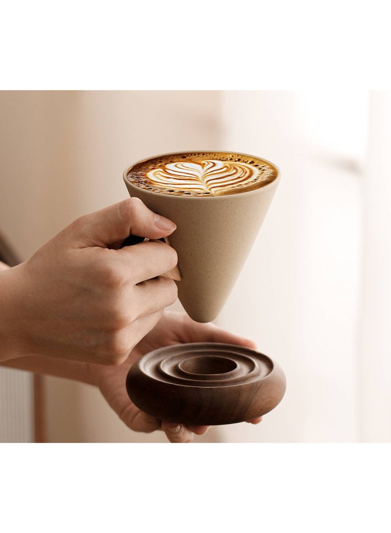 كوب قهوة خزفي رجعي، طقم أكواب قهوة خزفية بسيطة على الطراز الياباني الإبداعي مع قاعدة ومقبض خشبيين، سعة كبيرة 250 مل لتخمير القهوة الإسبريسو يدويًا والشاي بالحليب والعصير والزبادي - Image 3