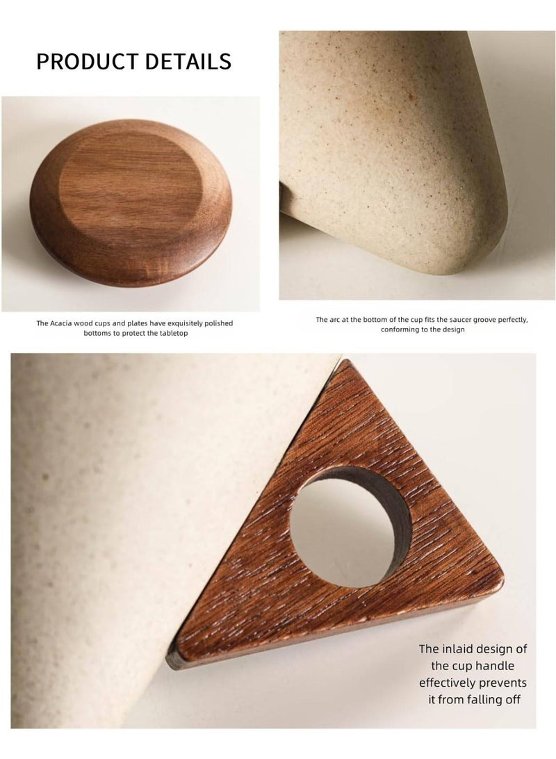 كوب قهوة خزفي رجعي، طقم أكواب قهوة خزفية بسيطة على الطراز الياباني الإبداعي مع قاعدة ومقبض خشبيين، سعة كبيرة 250 مل لتخمير القهوة الإسبريسو يدويًا والشاي بالحليب والعصير والزبادي - Image 4