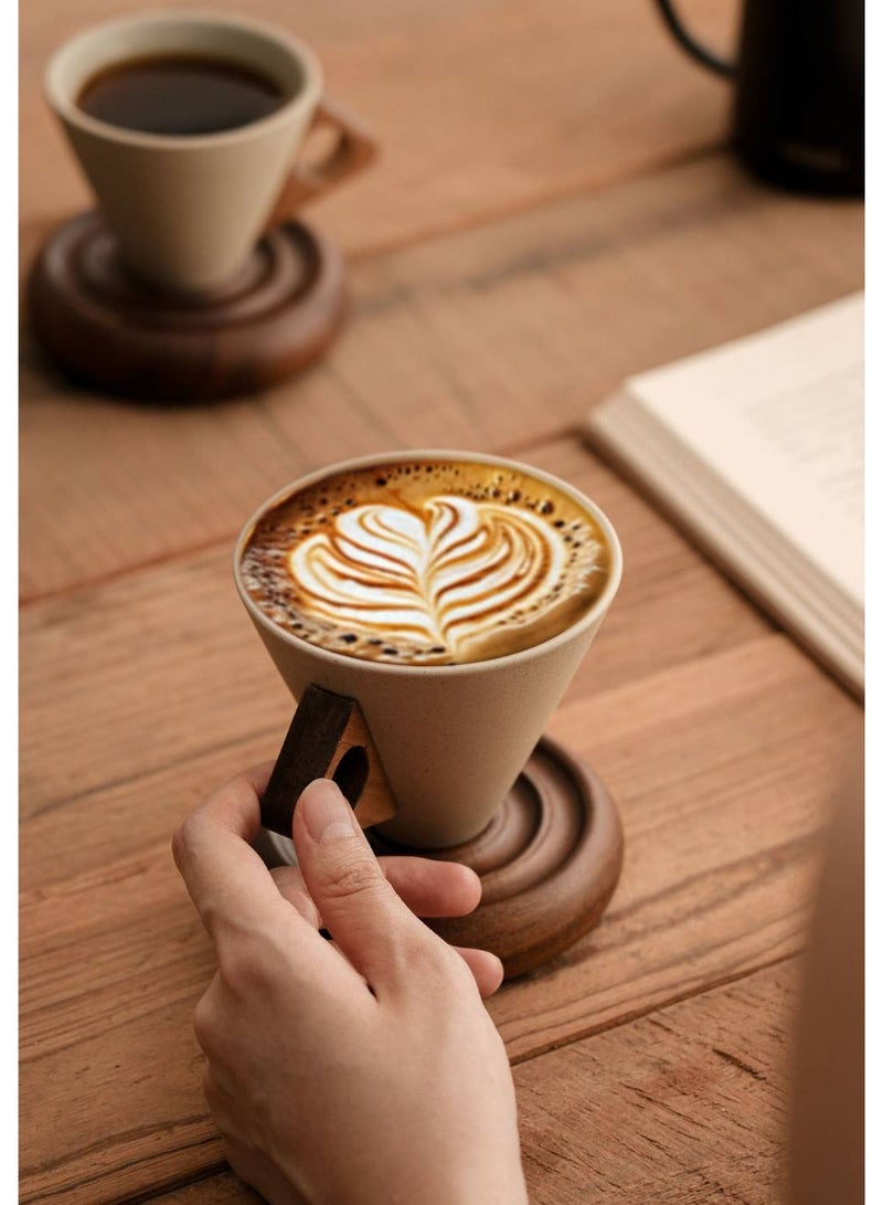 كوب قهوة خزفي رجعي، طقم أكواب قهوة خزفية بسيطة على الطراز الياباني الإبداعي مع قاعدة ومقبض خشبيين، سعة كبيرة 250 مل لتخمير القهوة الإسبريسو يدويًا والشاي بالحليب والعصير والزبادي - Image 5